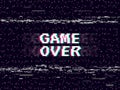 Game over glitch background. Retro game backdrop. Glitched lines noise. VHS effect for your design. Pixel inscription