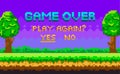 Game over pixel-game background. Pixel art game scene with green grass, tall trees against lilac sky Royalty Free Stock Photo