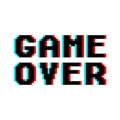 Game Over in retro pixel art design glitch and noise style isolated on white background. Concept of level final in