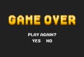 Game Over in retro pixel art style on black background. Concept of level final in virtual gaming or classic user