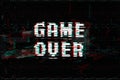 Game Over, screen message, vector illustration. Glitch effect text, digital noise background.