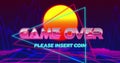 Game Over text and please insert coin over retro neon grid and sunset image Royalty Free Stock Photo