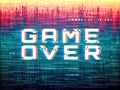 Game over text. Video game glitch. Color distortions and pixel noise. Digital error template. Retro vhs effect. Abstract