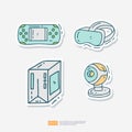 game pad controller, VR Virtual Reality Glasses, pc gaming, Web Cam doodle icon set. Game Console Gadget Sticker set vector Royalty Free Stock Photo