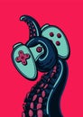 Game pad with octopus tentacle. Vintage poster print for video games fans. Vector joystick controller.