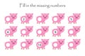 Game with pigs for children, fill in the missing numbers, middle level, education game for kids, school worksheet activity, task