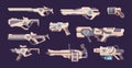 Game pistol. Space futuristic weapons for kids exact vector colored blasters and pistols