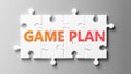 Game plan complex like a puzzle - pictured as word Game plan on a puzzle pieces to show that Game plan can be difficult and needs