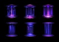 Game portal. Neon light hologram effect. Square digital interface with purple laser. Space glow frame. 3D teleport