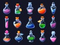 Game potion. Cartoon elixir for strength mana and stamina, love potion poison and antidote in magic phials 2D game UI