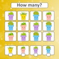 Game for preschool children. Count as many flower pots in the picture and write down the result. With a place for answers. Simple