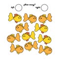 A game for preschool children. Count how many fish swim to the left and how many to the left. Write down the result. A