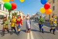 Game program of a group of clowns and buffoons on the street during a gastronomic festival