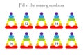 Game with pyramids for children, fill in the missing numbers, easy level, education game for kids, school worksheet activity, task Royalty Free Stock Photo