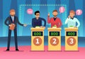 Game quiz show. Clever young people playing television quiz with showman, trivia game tv competition. Cartoon design Royalty Free Stock Photo