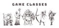 Game races and classes of MMORPG games: Dwarf shooter, elf archer, necromancer, Orc warrior and mage sketch hand drawn