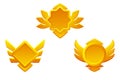 Game rank icons isolated. Game badges buttons in different frame with wings