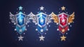 Game rank icons isolated on a dark blue background. Collection of hexagonal metal medals featuring shiny metal stars and