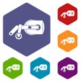 Game reality glasses icons set hexagon