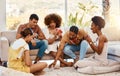 Game, relax or friends playing cards, poker or black jack at home for gambling together in a holiday party. Diversity Royalty Free Stock Photo