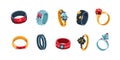 Game ring. Cartoon decorative jewelry icons for gaming inventory UI. Medieval royal accessories collection with precious