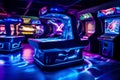 game room with holographic gaming platforms and immersive intera Royalty Free Stock Photo
