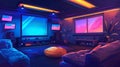 Game room interior with game and streaming furniture and equipment. Cartoon studio setup with neon glow on walls, sofa Royalty Free Stock Photo