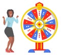 Fortune Wheel and Excited Woman, Game and Roulette Royalty Free Stock Photo