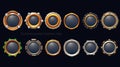 Game round interface frames. Cartoon UI circle game asset items, empty golden medieval silver textured borders for GUI design.