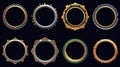 Game round interface frames. Cartoon UI circle game asset items, empty golden medieval silver textured borders for GUI design.