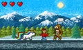 Game scene. Pixel art 8 bit Background. Video interface. Retro location. Mountains, Rainbow pony, monkey and character