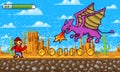 Game scene. Pixel art 8 bit objects. Platformer video interface. Retro location. Clouds, mountains, dragon and character