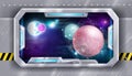 Space ship window view, vector shuttle futuristic inside frame, spacecraft rocket porthole, planet, stars.