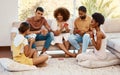 Game, smile or friends playing cards, poker or black jack at home for gambling together in a holiday party. Happy, men Royalty Free Stock Photo