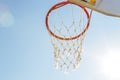 Game sports, competitions. Team sports, outdoor leisure, active recreation, entertainment. Basketball hoop with net against blue