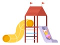 A girl slodes dowm on slide, a playground, a castle-like roof with flags. Flat vector image