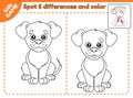 Game spot differences and color cartoon cute dog