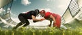 Game start. Two men, american football players in uniform and helmet standing head to head at 3D stadium on warm sunny