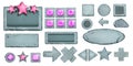 Game stone button set, vector rock UI icons, cartoon web menu background, star, arrow, cross, gem.