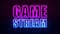 Game Stream background. Purple and Blue Neon inscription on a dark brick wall. Professional gaming stream banner design. Streaming