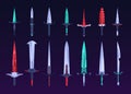 Game swords. Fantasy daggers battle broadsword for 3d gaming assets, magic steel blades characteristics for playing