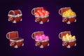 Game treasure chest, ui gems and coins. Golden pirate asset isolated fantasy elements angle view, money app, shiny ruby