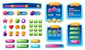 Game ui elements, mobile app interface buttons, icons and panels. Cartoon gui assets, games menu design interface Royalty Free Stock Photo