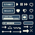 Game UI elements Set retro pixel with start buttons, arrows, loading bars, health points, hearts, control Vector Royalty Free Stock Photo