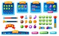 Game ui kit, cartoon gaming interface buttons, icons, menu. Mobile app gui assets, panel, progress bar, button, games