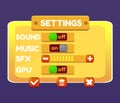 Game UI. Settings window. A funny cartoon design options control panel including status and level bars. Vector eps 10.