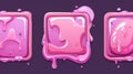 Game UI slime name plate kit. Pink phlegm texture square and circle avatar frames. Slimyt button with liquid drop design