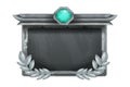 Game UI stone frame, vector medieval rock background, fantasy metal square interface panel, crystal.