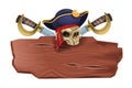 Pirate wooden sign board, vector corsair party vintage banner, captain hat, skull, saber blade on white.