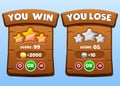 Game UI Wooden Board With Scores, WinLose Banners, Stars, gold coin, silver coin, and Buttons